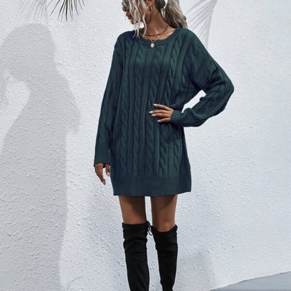 teal oversized chunky knit cable sweater dress - Picture 5 of 6